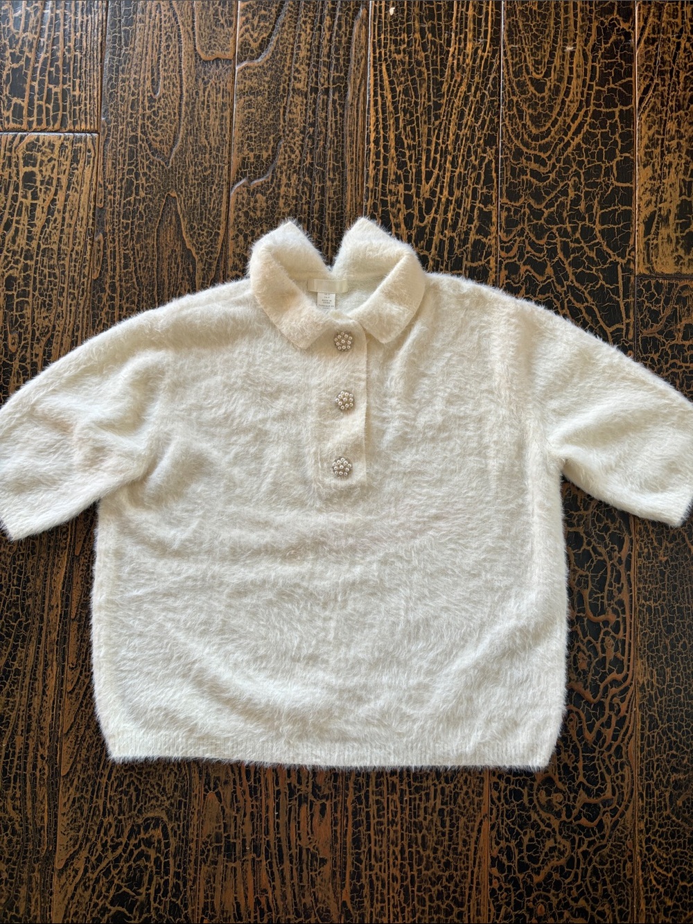 H&M Cream Fuzzy Short-Sleeve Polo Sweater with Decorative Buttons